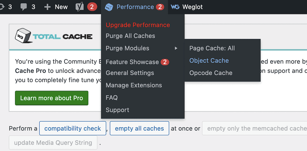 Das Untermenü Purge Modules in der WordPress-Symbolleiste.