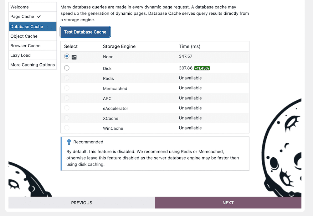 Der Datenbank-Cache-Abschnitt des W3 Total Cache Setup Guide.