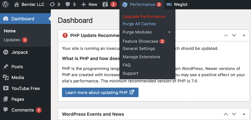 Die Option Leistung > Alle Caches löschen in der WordPress-Symbolleiste.