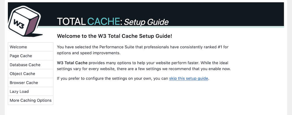 Der W3 Total Cache Setup Guide-Bildschirm.