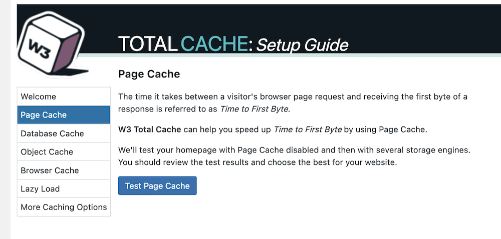 Der Seiten-Cache-Abschnitt des W3 Total Cache Setup Guide.