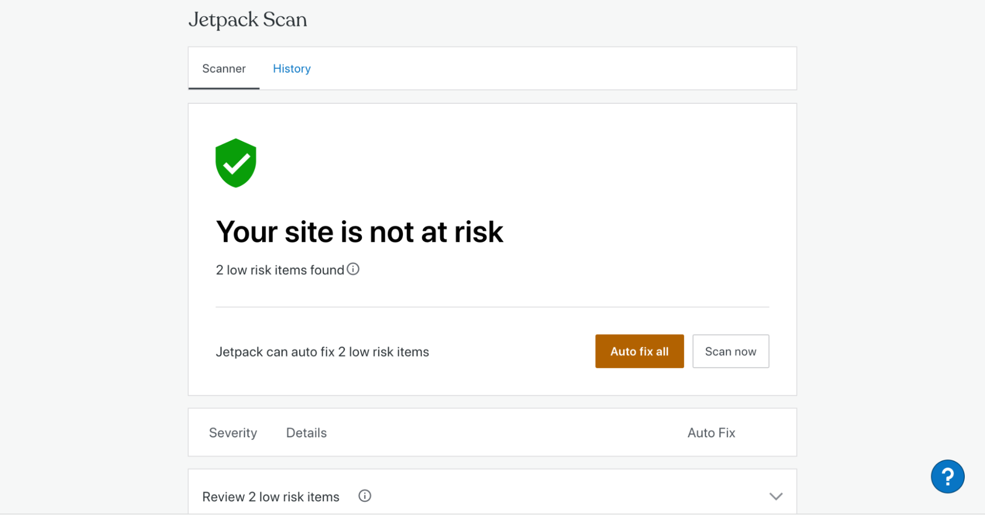 Jetpack Scan แดชบอร์ด