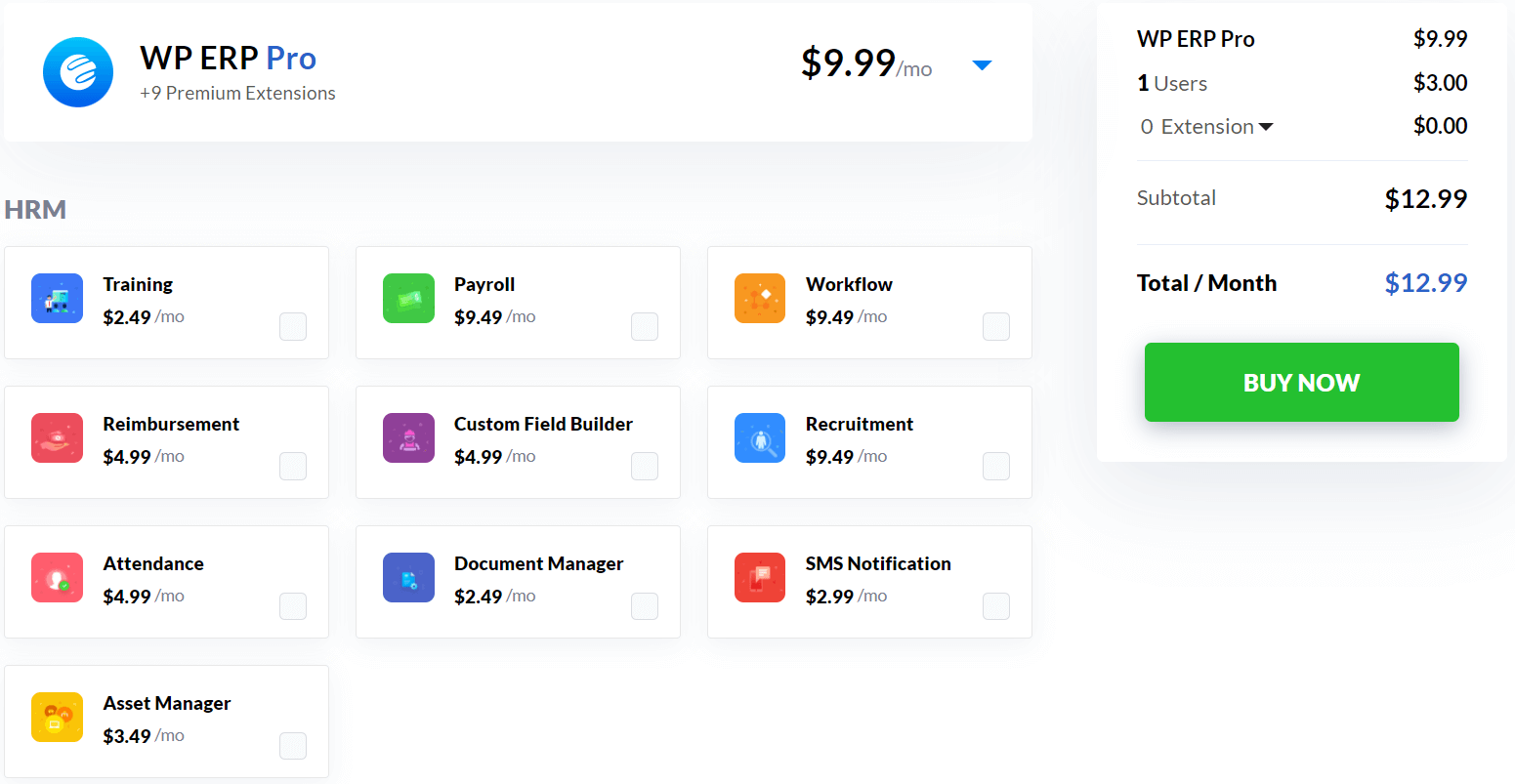 Page de tarification WP ERP