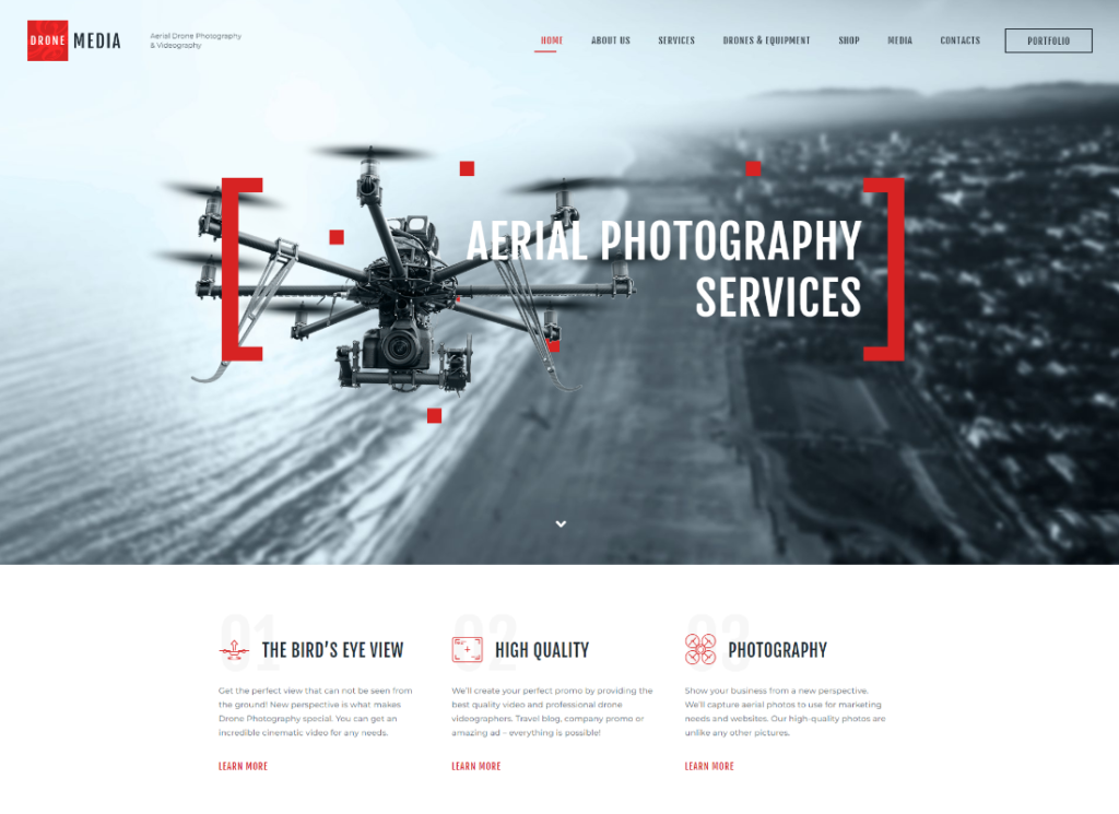 Medios de drones | Tema de WordPress para fotografía aérea y videografía + Elementor