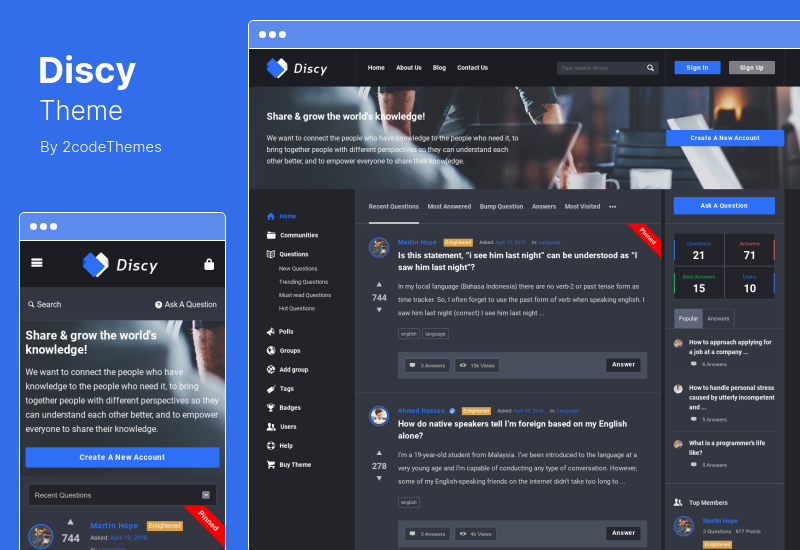 موضوع Discy - أسئلة وأجوبة اجتماعية WordPress Theme