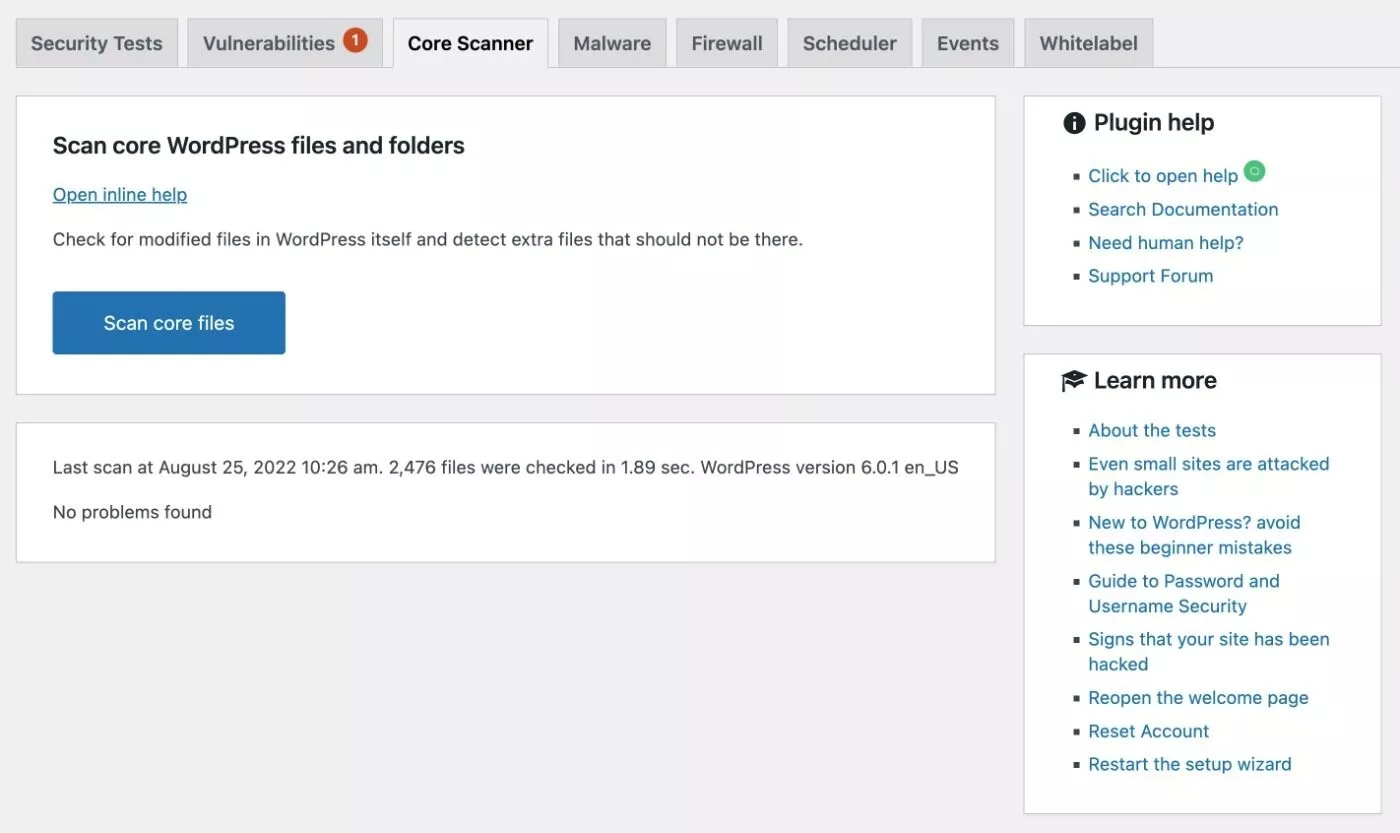 Pemindaian inti WordPress