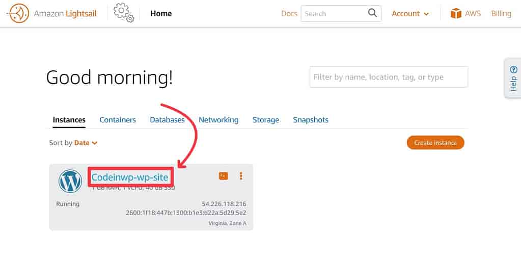 افتح لوحة معلومات المثيل لإدارة استضافة AWS WordPress