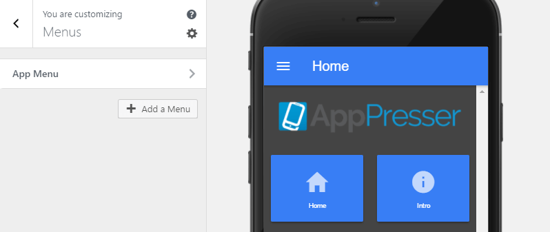 默认的 AppPresser 应用菜单。