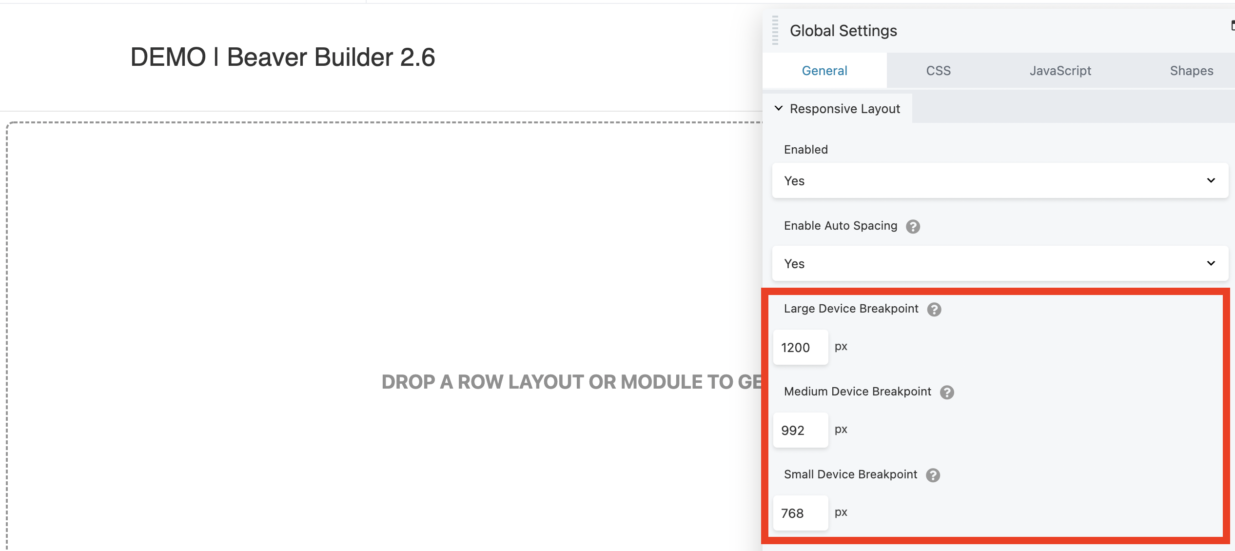 グローバル設定の Beaver Builder 2.6 レスポンシブ ブレークポイント