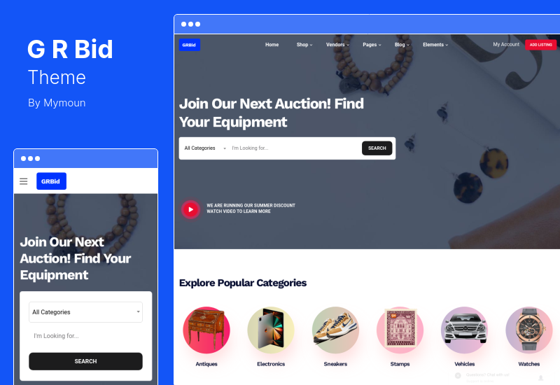 موضوع GRBid - موضوع مزادات متعددة البائعين WooCommerce