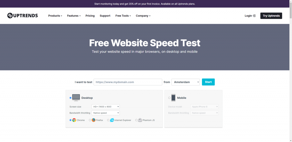 Test de viteză a site-ului Uptrends