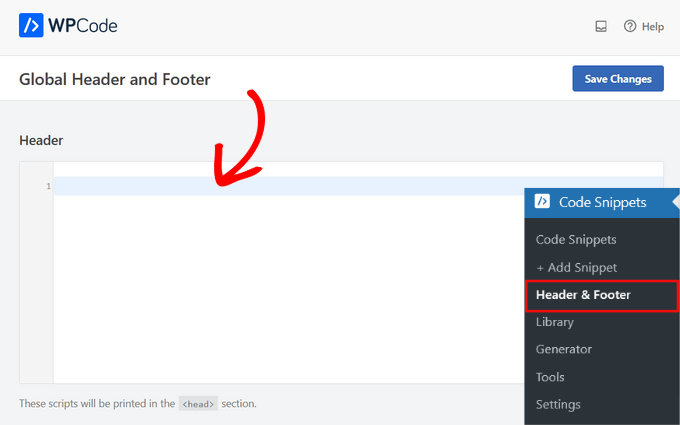 วางโค้ดลงในส่วนหัวของกล่อง Paste code into the header box in WPCode