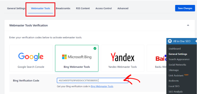 ป้อนรหัสยืนยัน Bing ใน AIOSEO Enter Bing verification code in AIOSEO
