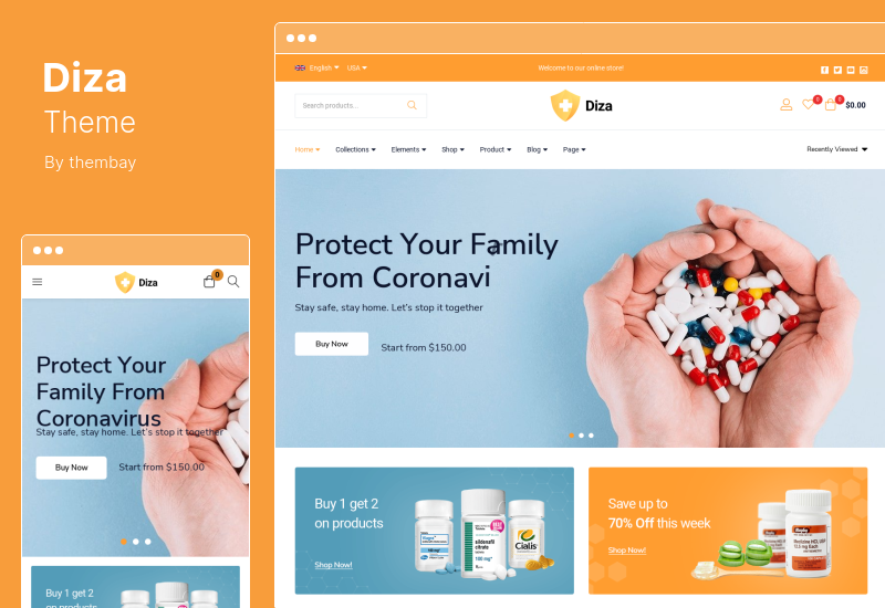 ธีม Diza - ร้านค้าร้านขายยา Elementor ธีม WooCommerce
