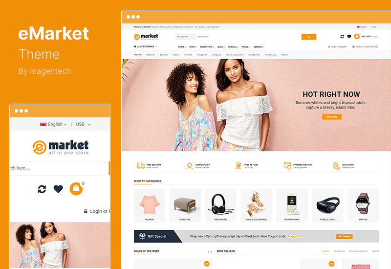 eMarket 主题 - 多合一的多供应商 MarketPlace Elementor WordPress 主题