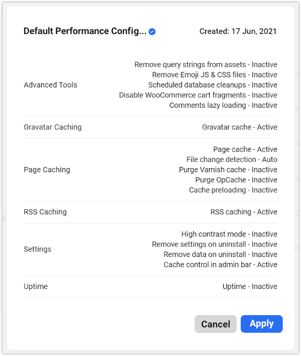 Configurazioni: dettagli di configurazione predefiniti