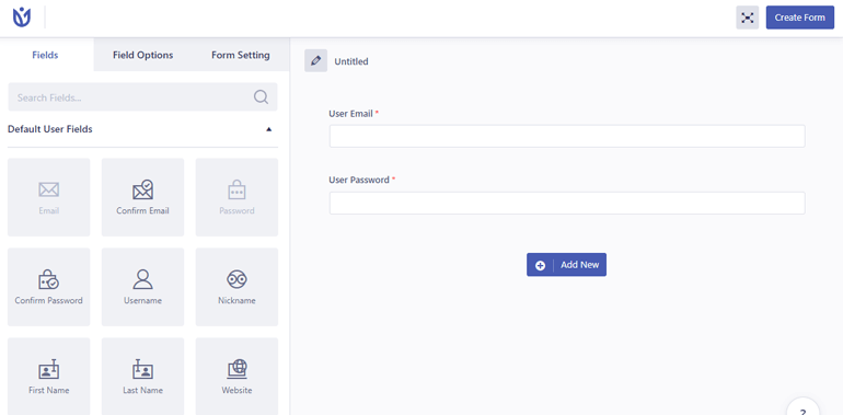 Registrazione utente interfaccia Form Builder