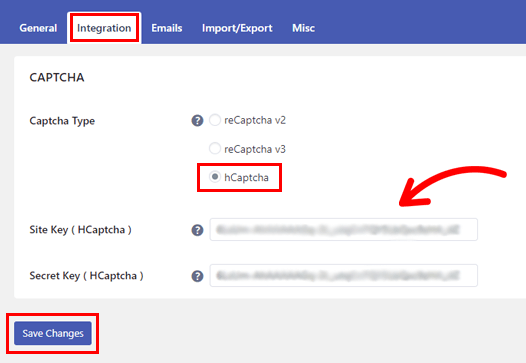 Incolla le chiavi hCaptcha Spam per la registrazione di nuovi utenti di WordPress