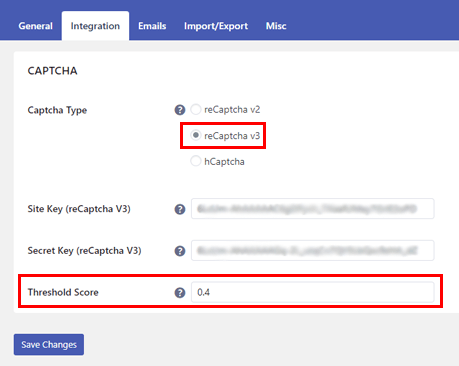 Punteggio soglia per reCAPTCHA v3