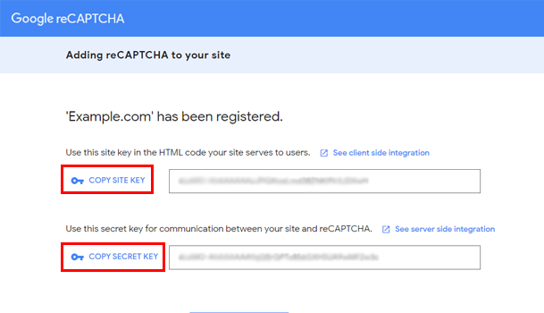 Copia le chiavi reCaptcha