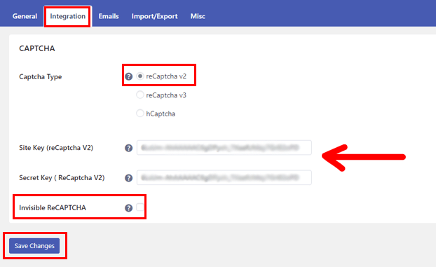 Incolla le chiavi reCAPTCHA v2