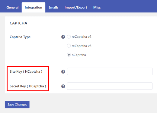 hCaptcha Keys WordPress Registrazione spam