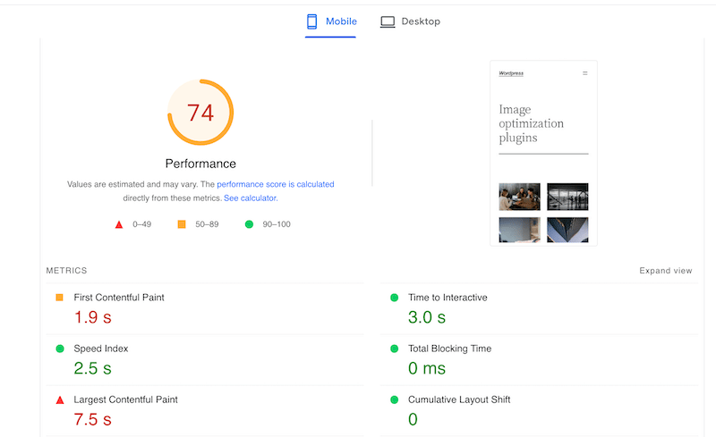 Métricas de rendimiento sin Imagify - Fuente: PageSpeed Insights