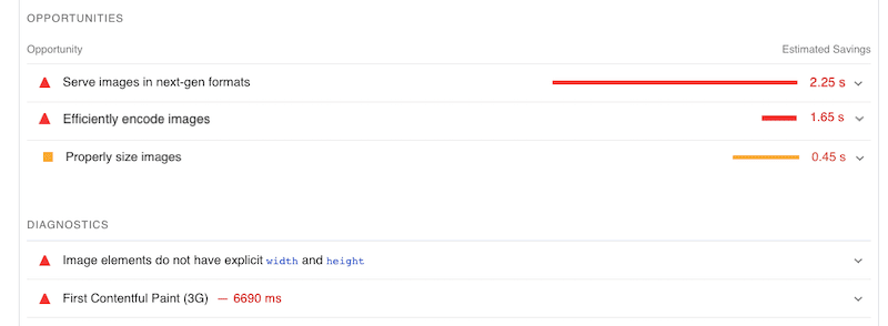 Recomendación de Google para optimizar imágenes para su sitio web - Fuente: PageSpeed Insights