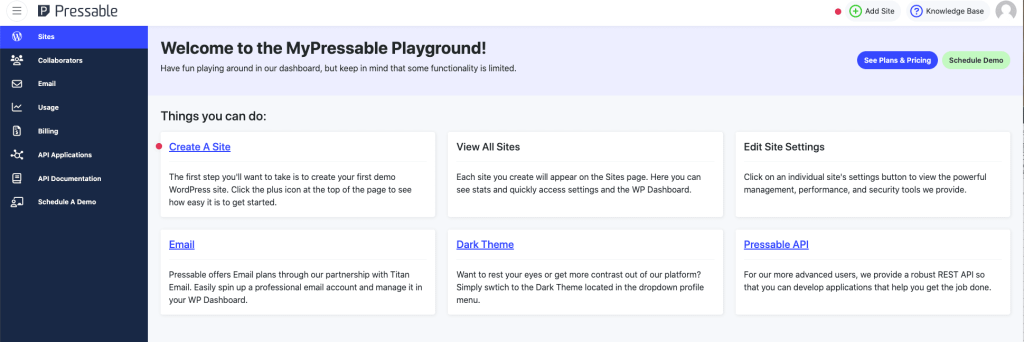 您可以在 MyPressable Playground 仪表板上的站点菜单下执行的操作选项
