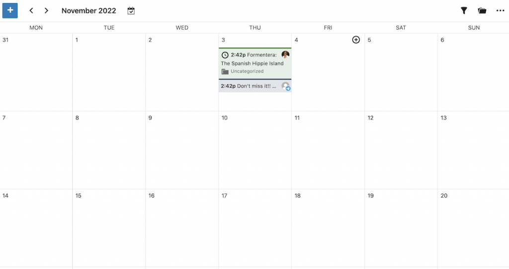 Calendrier éditorial montrant l'entrée et le message Telegram prévu