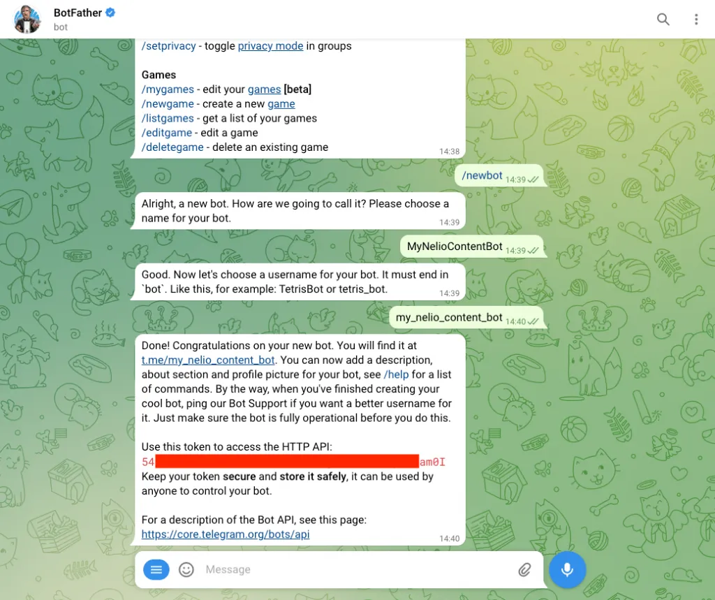 Commandes pour créer le bot dans Telegram.