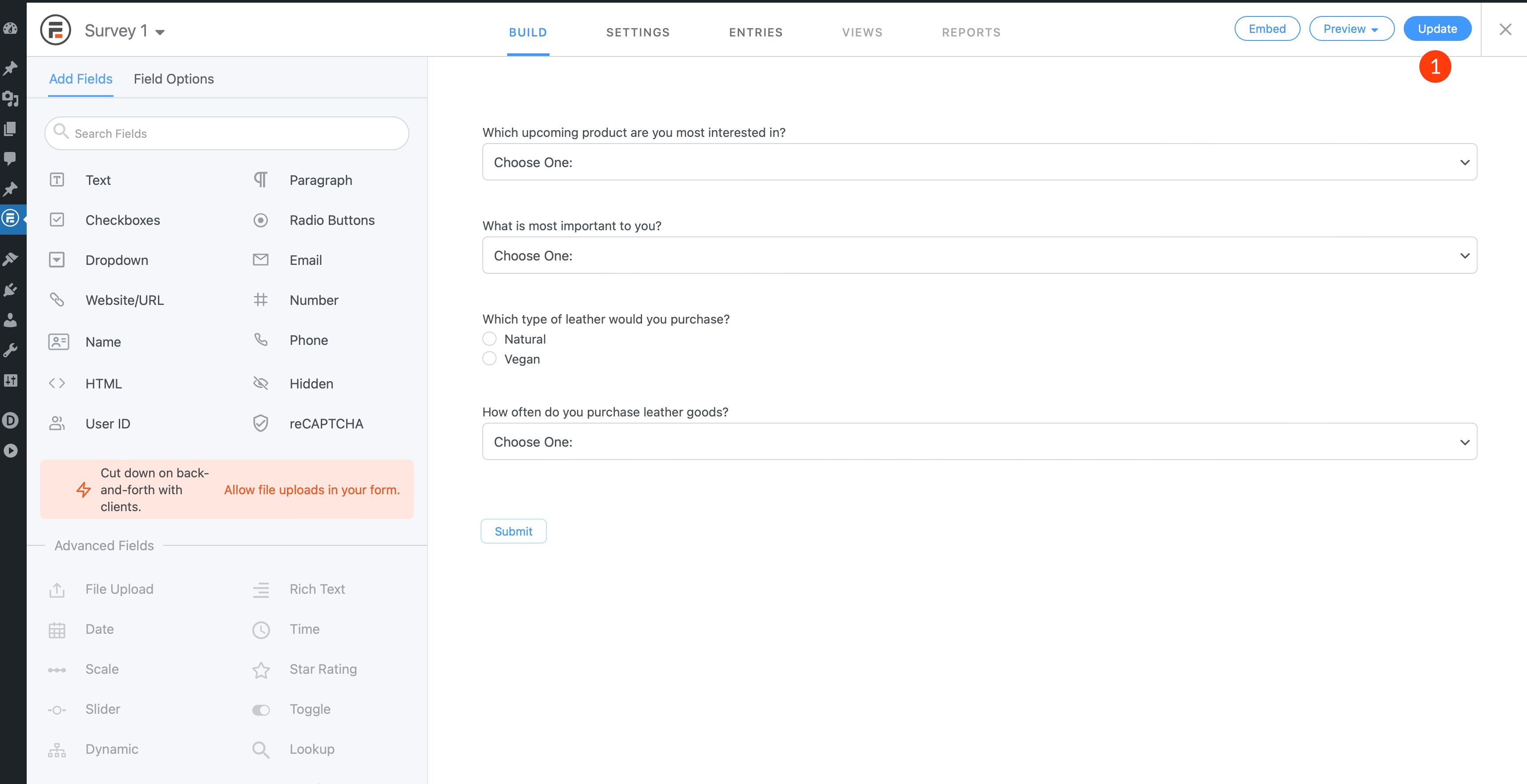 WordPress アンケート フォーム フィールド