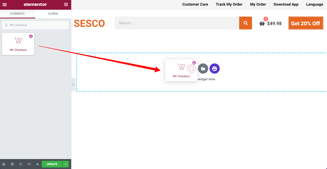 Elementor 및 HappyAddons 4로 WooCommerce 체크아웃 페이지를 사용자 정의하는 방법 Drag and drop the WC Checkout widget to customize WooCommerce checkout page