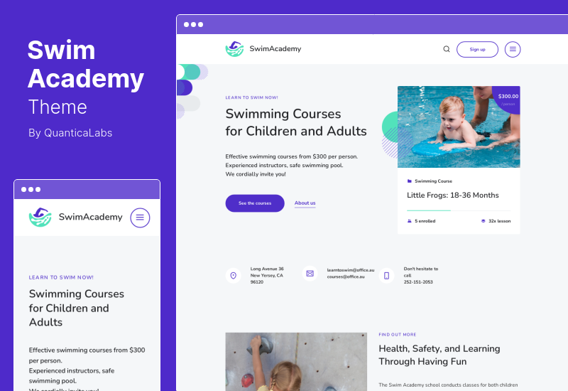 موضوع SwimAcademy - موضوع حجز مدرسة السباحة والدورة التدريبية WordPress