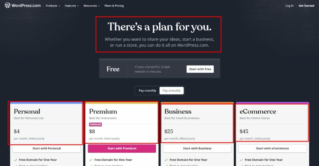 wordpress.com 定价计划