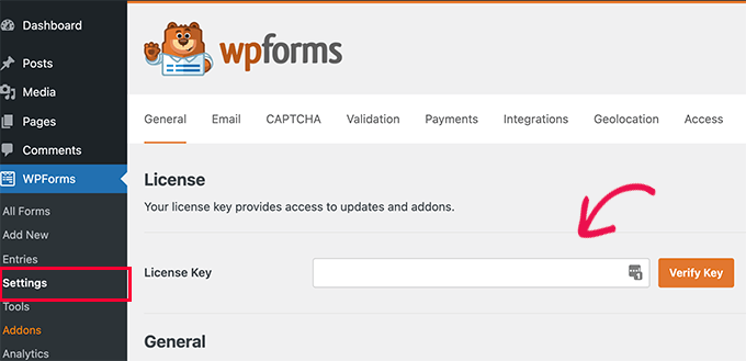 WPForms 라이센스 키