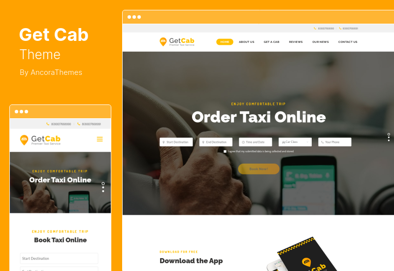 GetCab Teması - Online Taksi Hizmeti WordPress Teması
