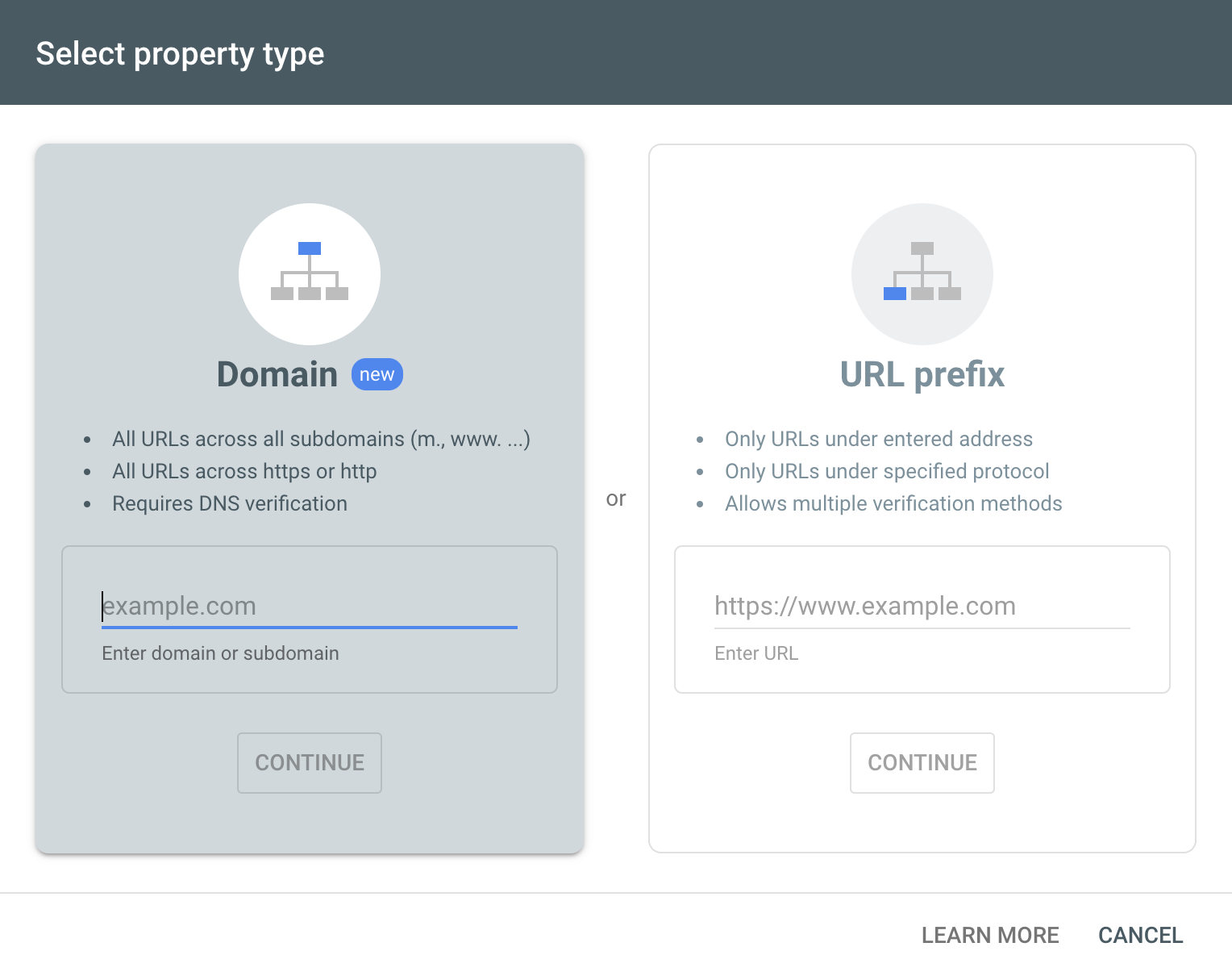 opções para verificar um domínio com o Google Search Console