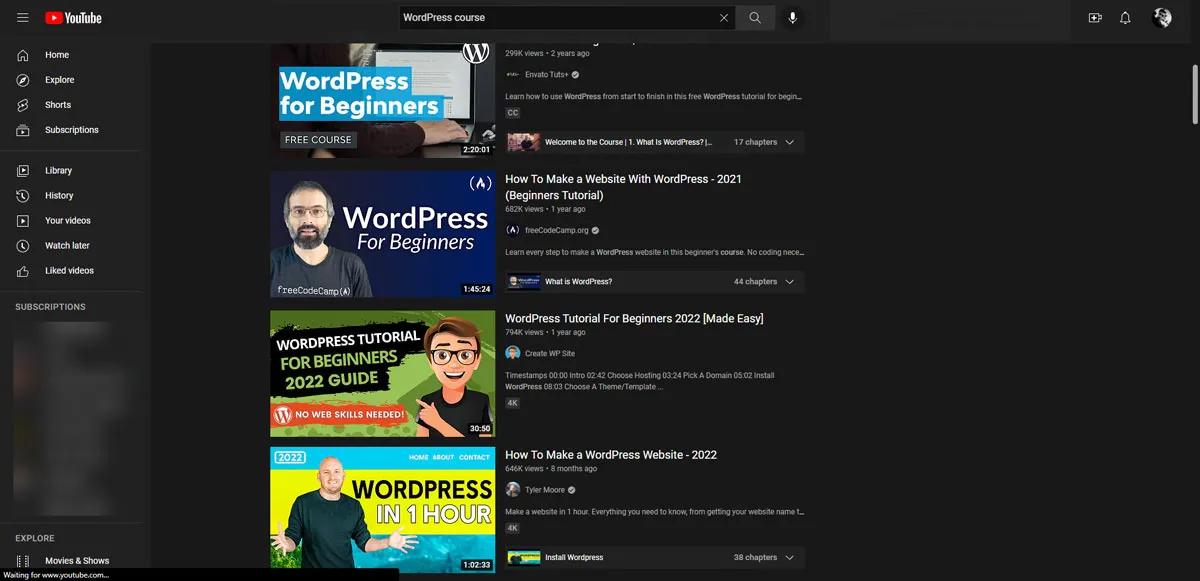 WordPress-Kurse auf YouTube