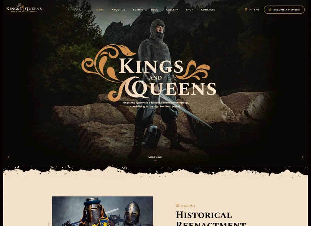 Kings & Queens - 歴史的戦争中世再現 WordPress テーマ