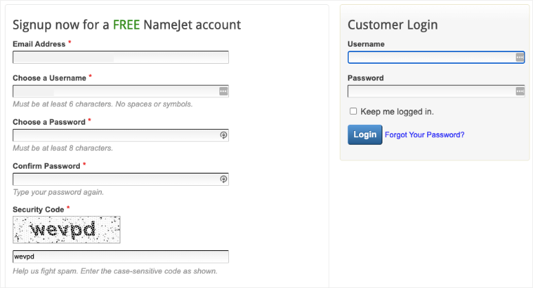 Mendaftar untuk akun NameJet