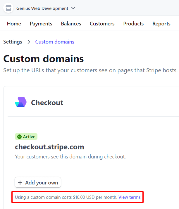 หน้าจอ Stripe Custom Domains