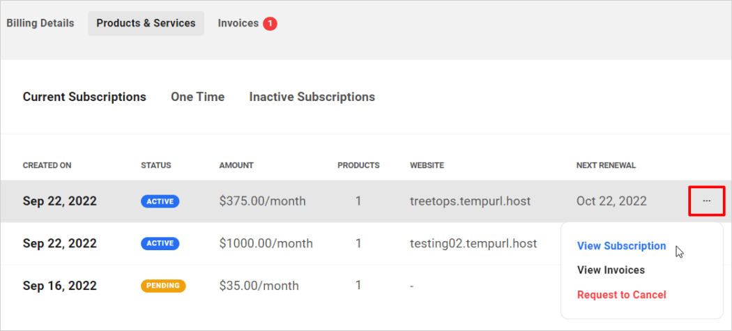 Client Portal - หน้าจอการเรียกเก็บเงิน - สินค้าและบริการ