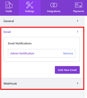 Definir configurações de e-mail e WebHook