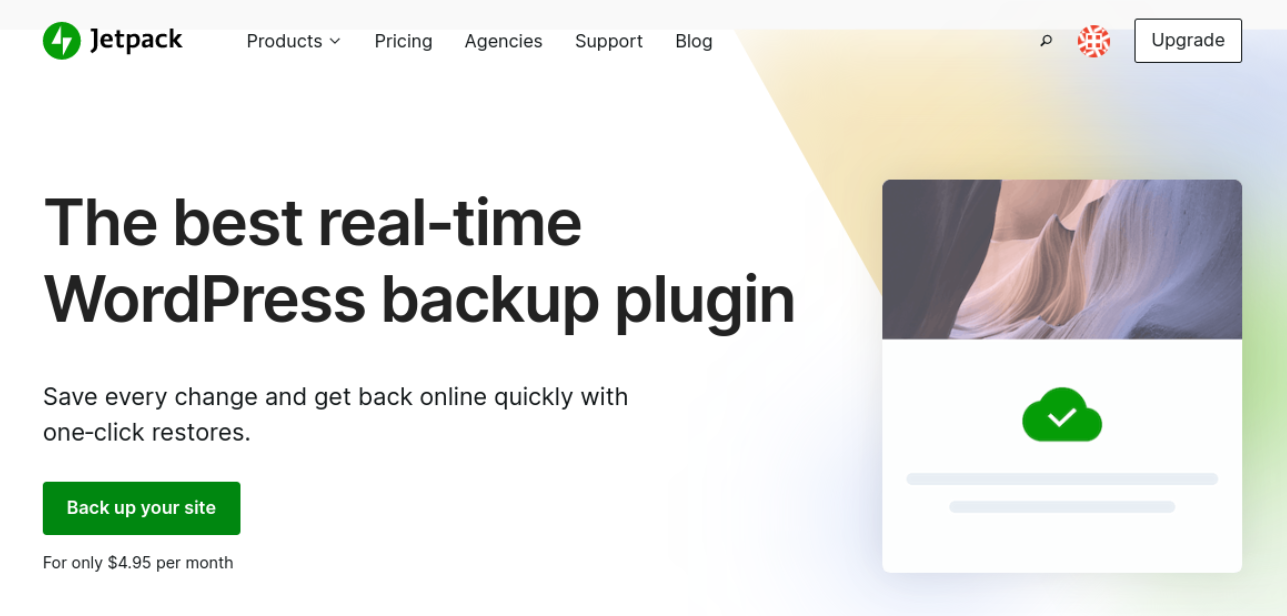 หน้าแรกของ Jetpack Backup พร้อมสโลแกน "ปลั๊กอินสำรอง WordPress แบบเรียลไทม์ที่ดีที่สุด"