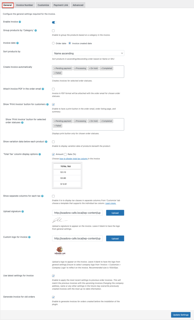 การตั้งค่าทั่วไปสำหรับปลั๊กอินใบแจ้งหนี้ WooCommerce PDF แบบพรีเมียม