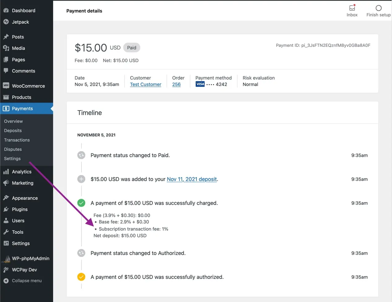 ein Abonnement, das im WooCommerce-Zahlungs-Dashboard angezeigt wird