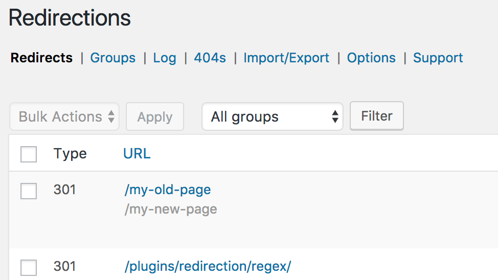 รายการการเปลี่ยนเส้นทางภายในการตั้งค่าปลั๊กอินเปลี่ยนเส้นทาง WordPress