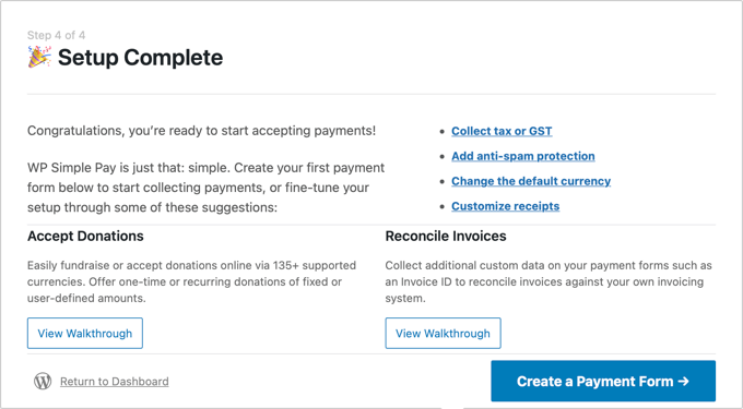 Konfiguracja WP Simple Pay została zakończona