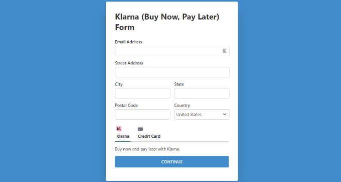 Podgląd strony dedykowanej formularza płatności Klarna
